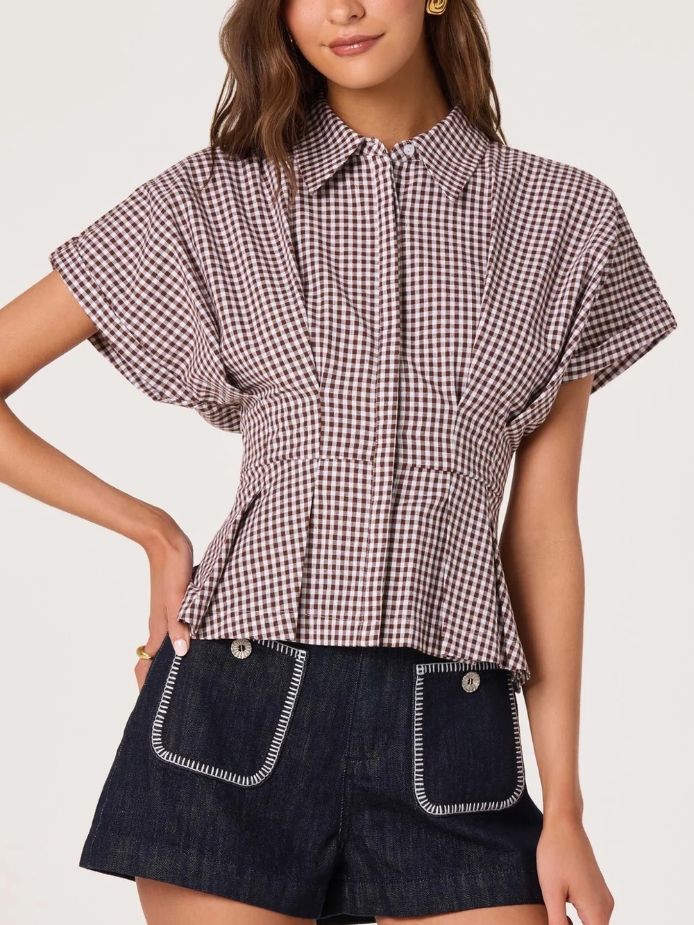 ASTR the Label Beck Pleated Button-Front Top Brown gingham XS NWT NEW WITH TAGS